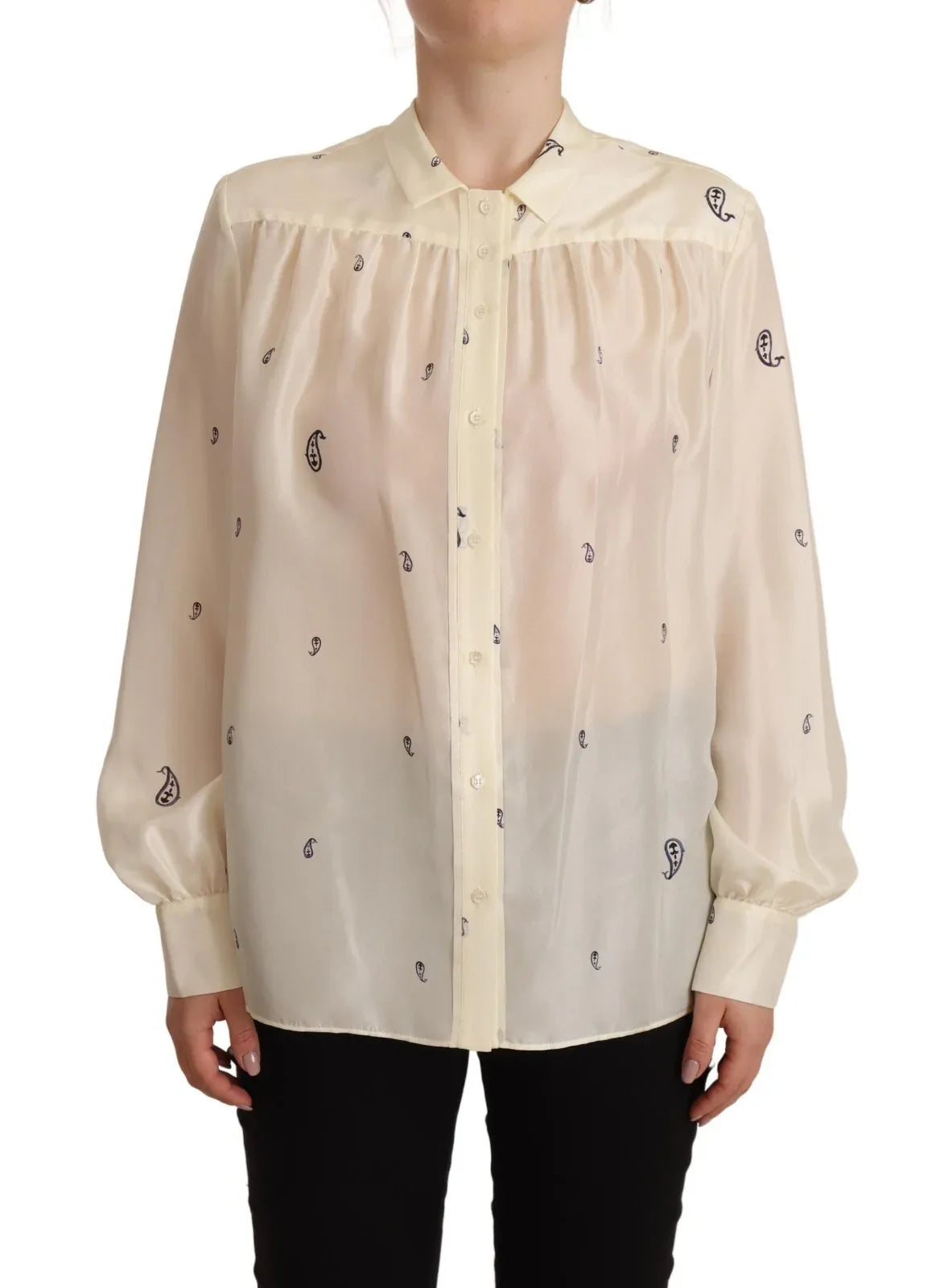 Aspesi Off White 100% Silk Long Sleeves Collared Top Blouse - Zeiniez