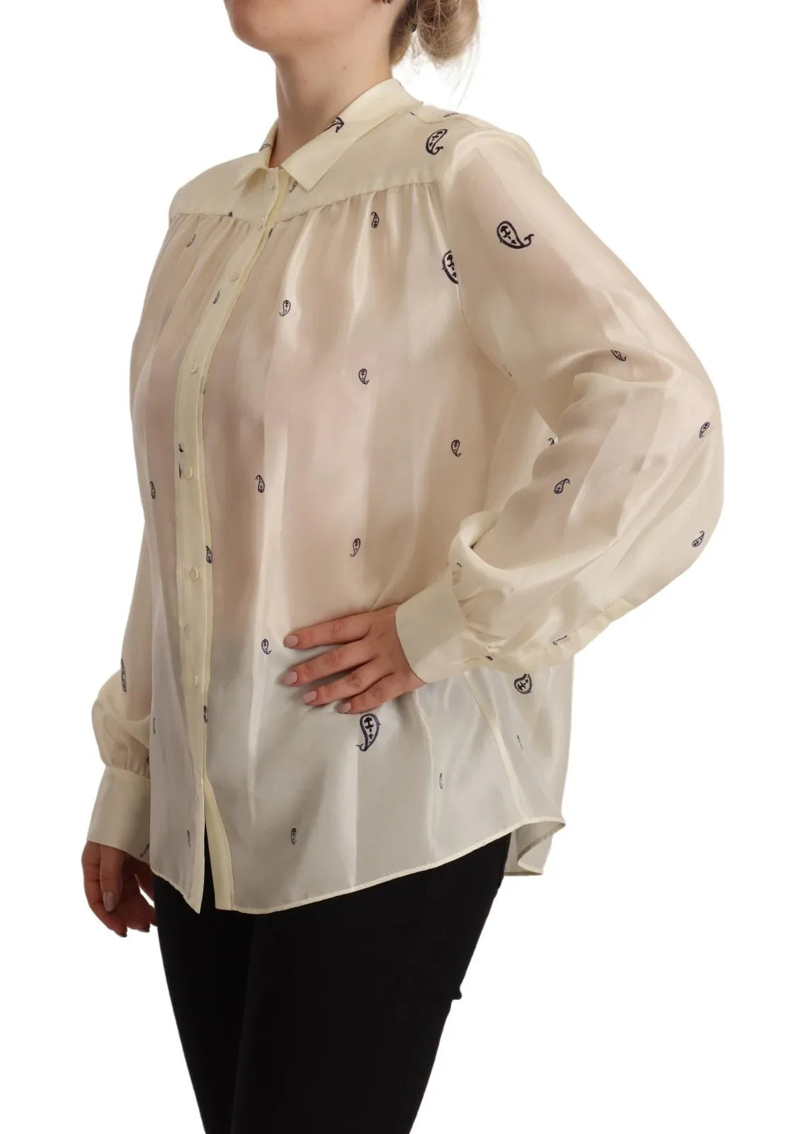Aspesi Off White 100% Silk Long Sleeves Collared Top Blouse - Zeiniez