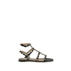 Valentino Garavani Black Calf Leather Bos Taurus Flat Sandals - Zeiniez