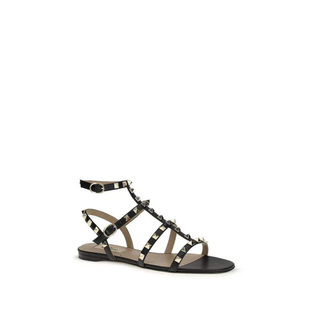 Valentino Garavani Black Calf Leather Bos Taurus Flat Sandals - Zeiniez