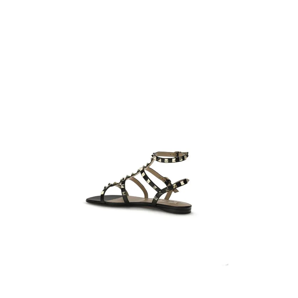 Valentino Garavani Black Calf Leather Bos Taurus Flat Sandals - Zeiniez