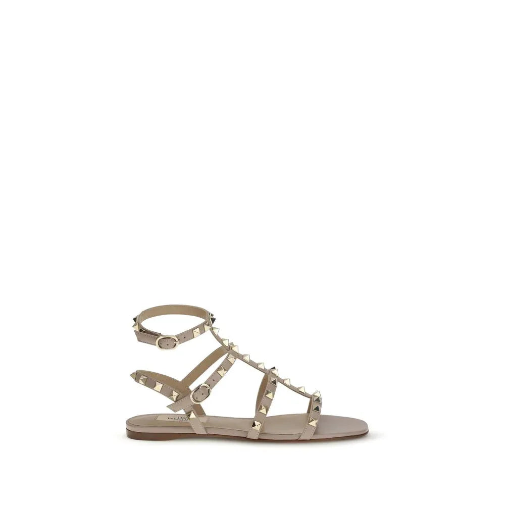 Valentino Garavani Beige Calf Leather Bos Taurus Flat Sandals - Zeiniez