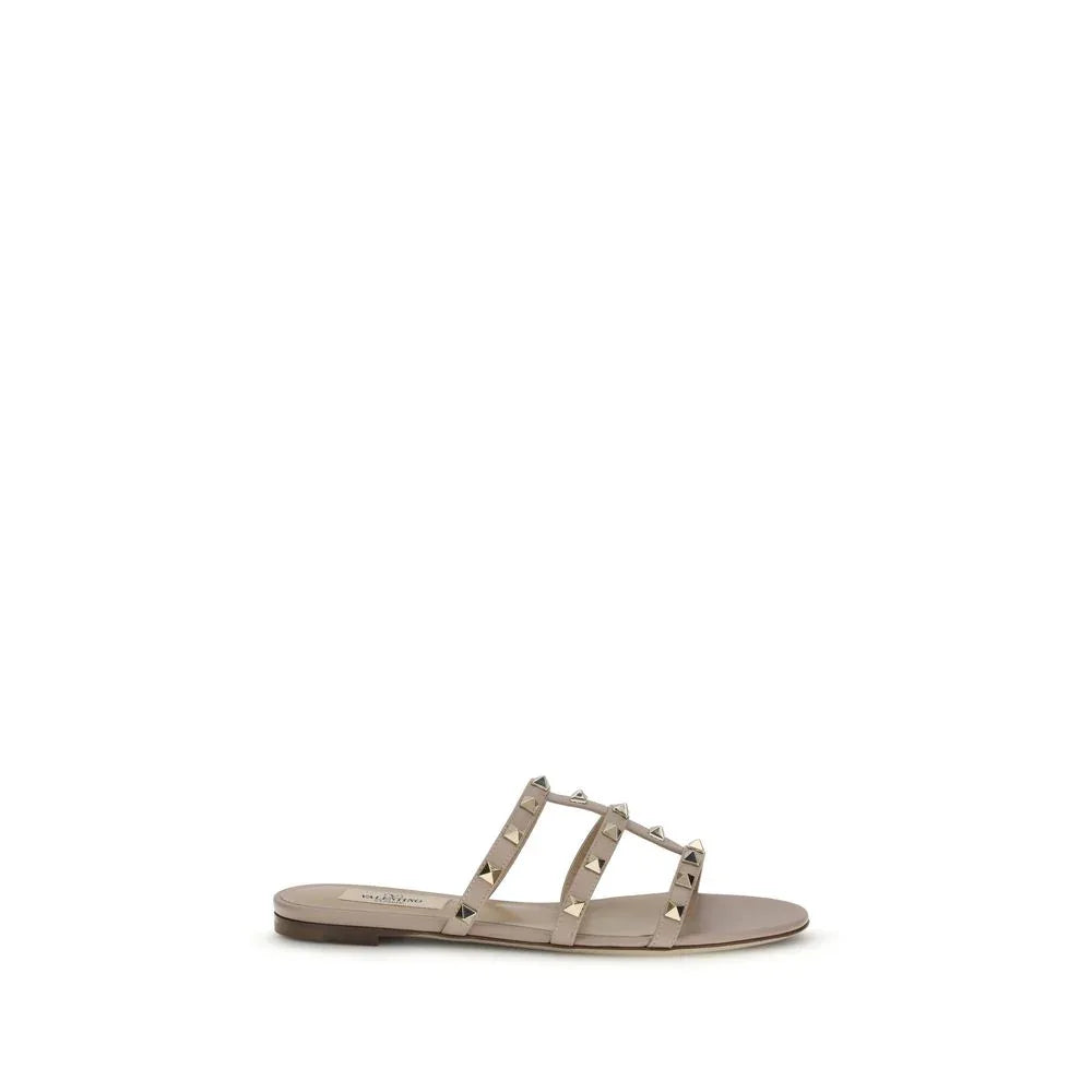 Valentino Garavani Beige Calf Leather Bos Taurus Flat Sandals - Zeiniez