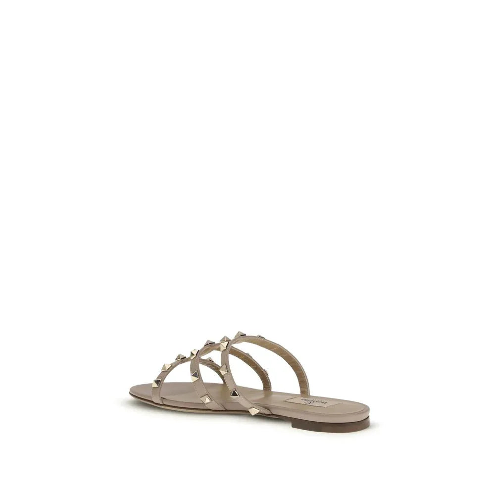 Valentino Garavani Beige Calf Leather Bos Taurus Flat Sandals - Zeiniez