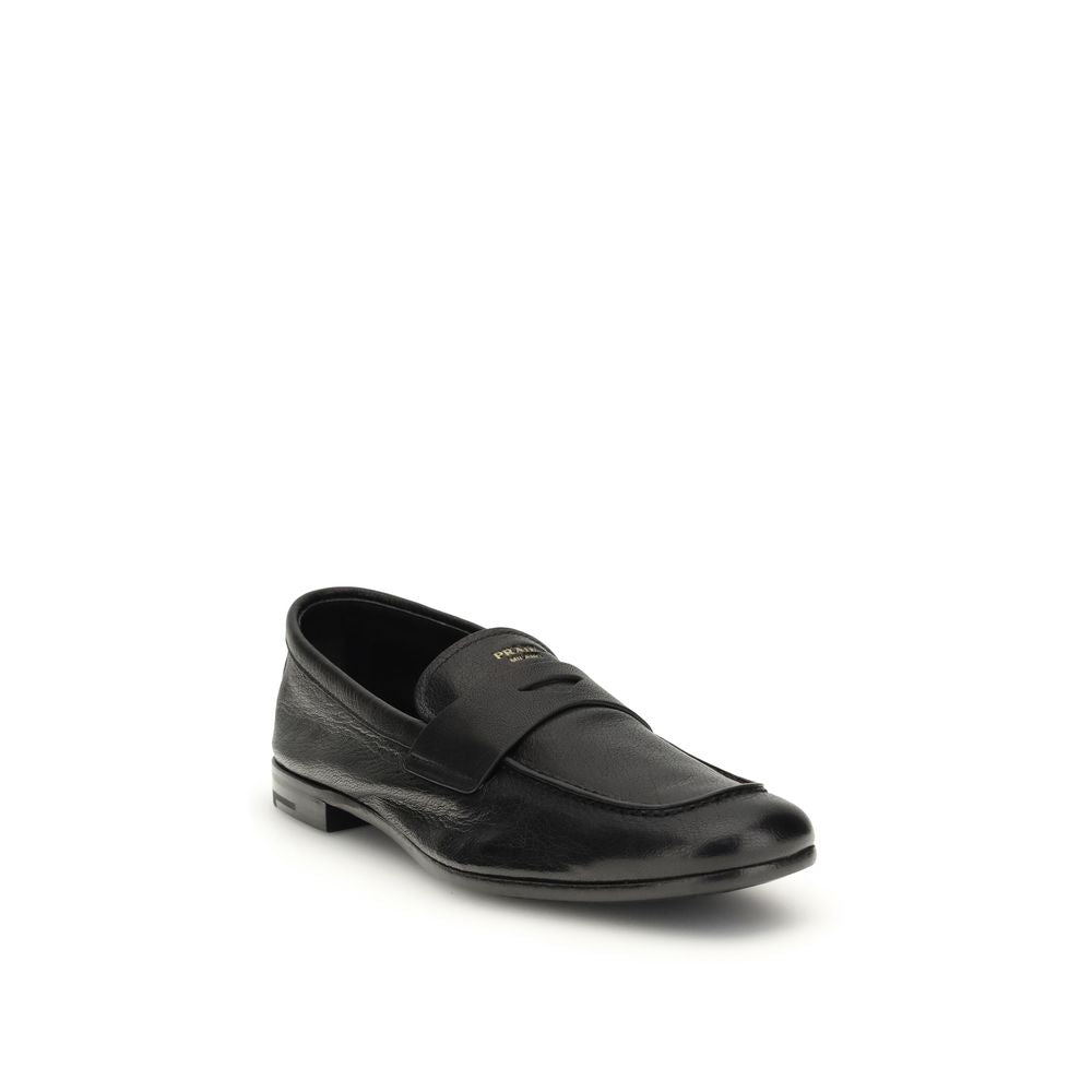 Prada Black Calf Leather Bos Taurus Slip-On Loafers - Zeiniez