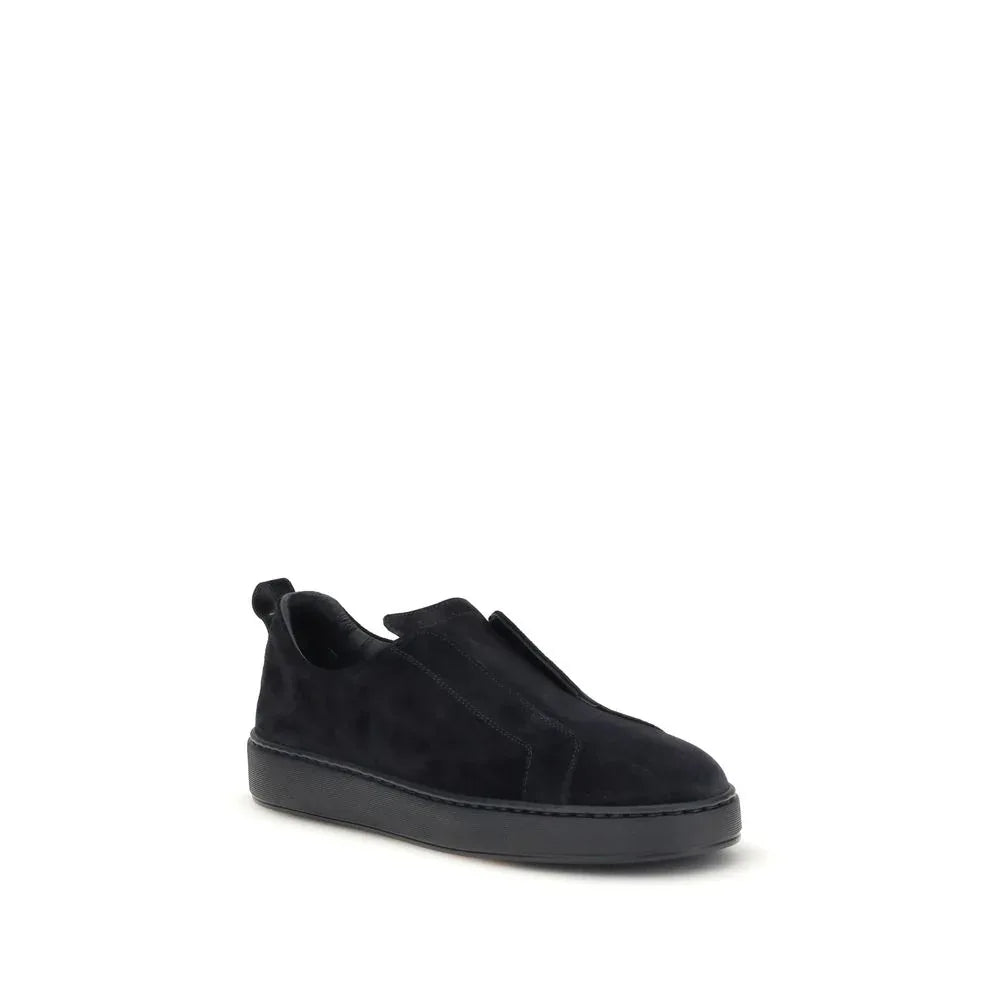 Santoni Black Calf Leather Bos Taurus Low Top Sneakers - Zeiniez