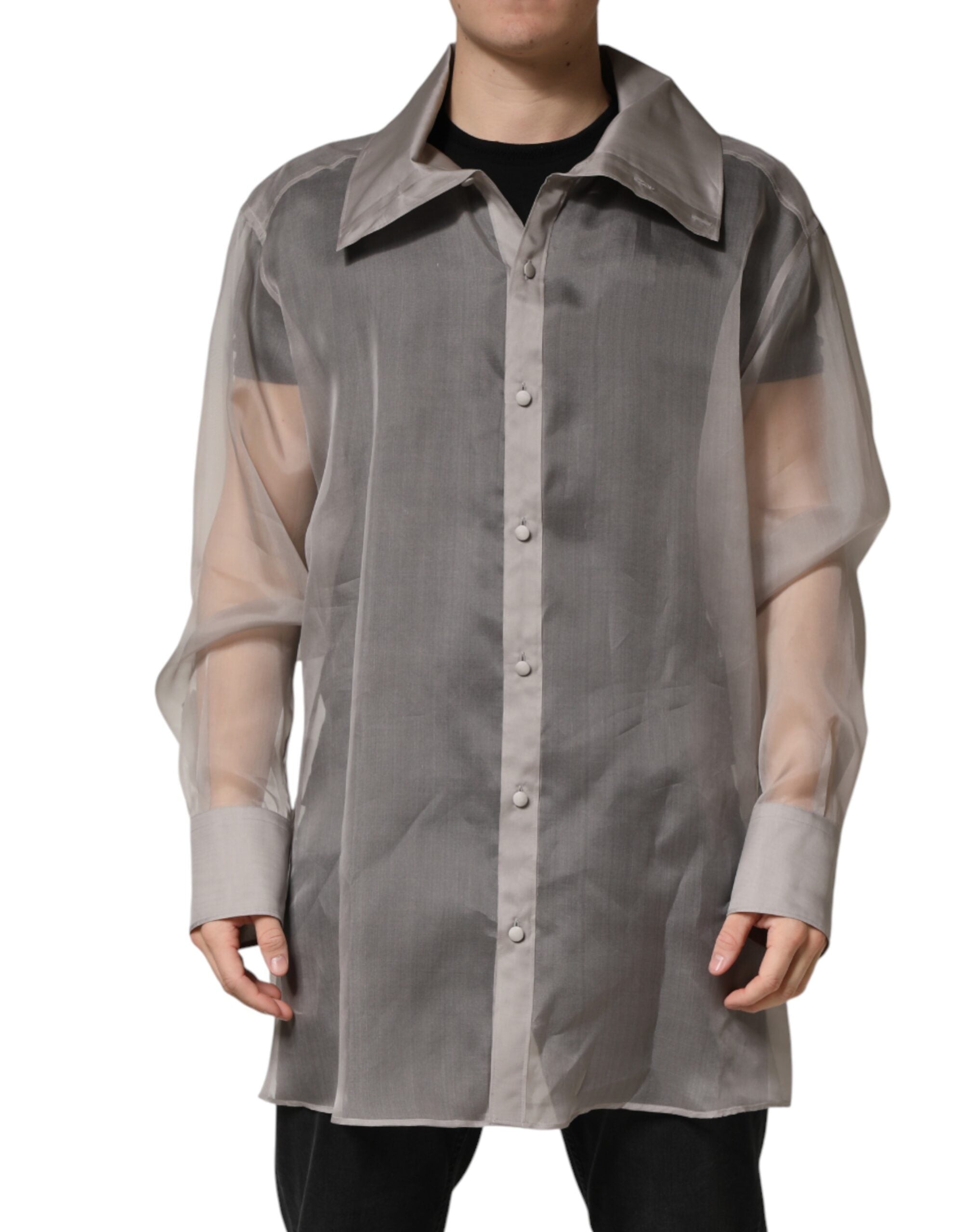 Dolce & Gabbana Gray Sheer Silk Button Front Men Dress Shirt