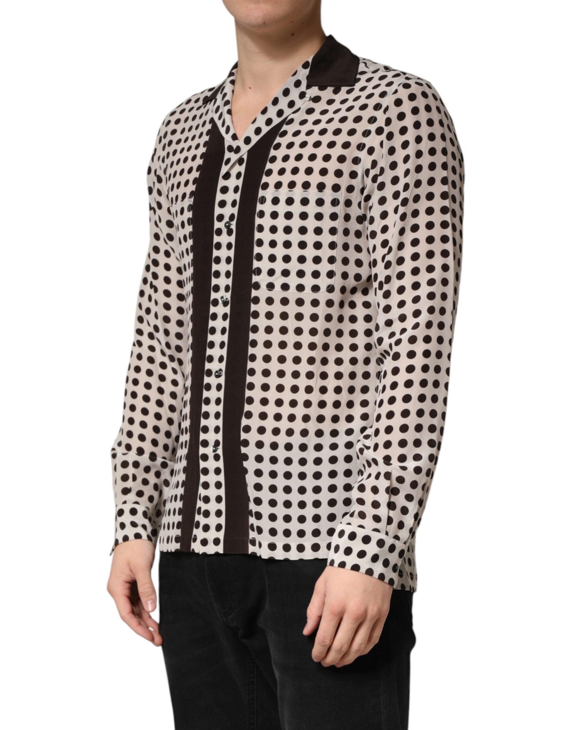 Dolce & Gabbana White Black Polka Dot Silk Men Casual Shirt