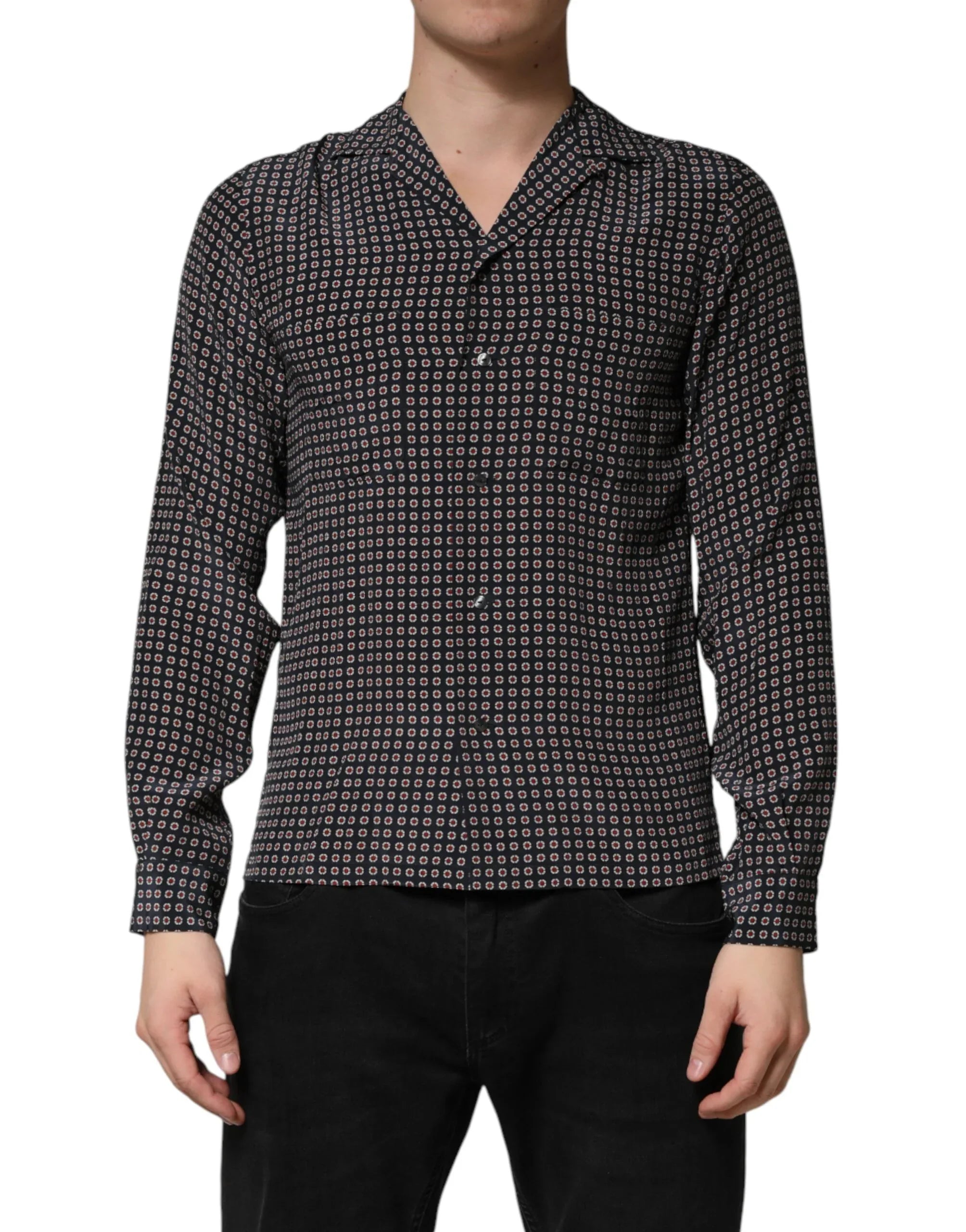 Dolce & Gabbana Black Patterned Silk Men Button Down Shirt - Zeiniez