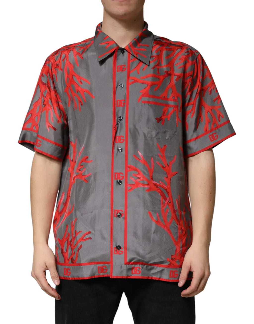 Dolce & Gabbana Gray Red Corals Short Sleeves Casual Shirt - Zeiniez