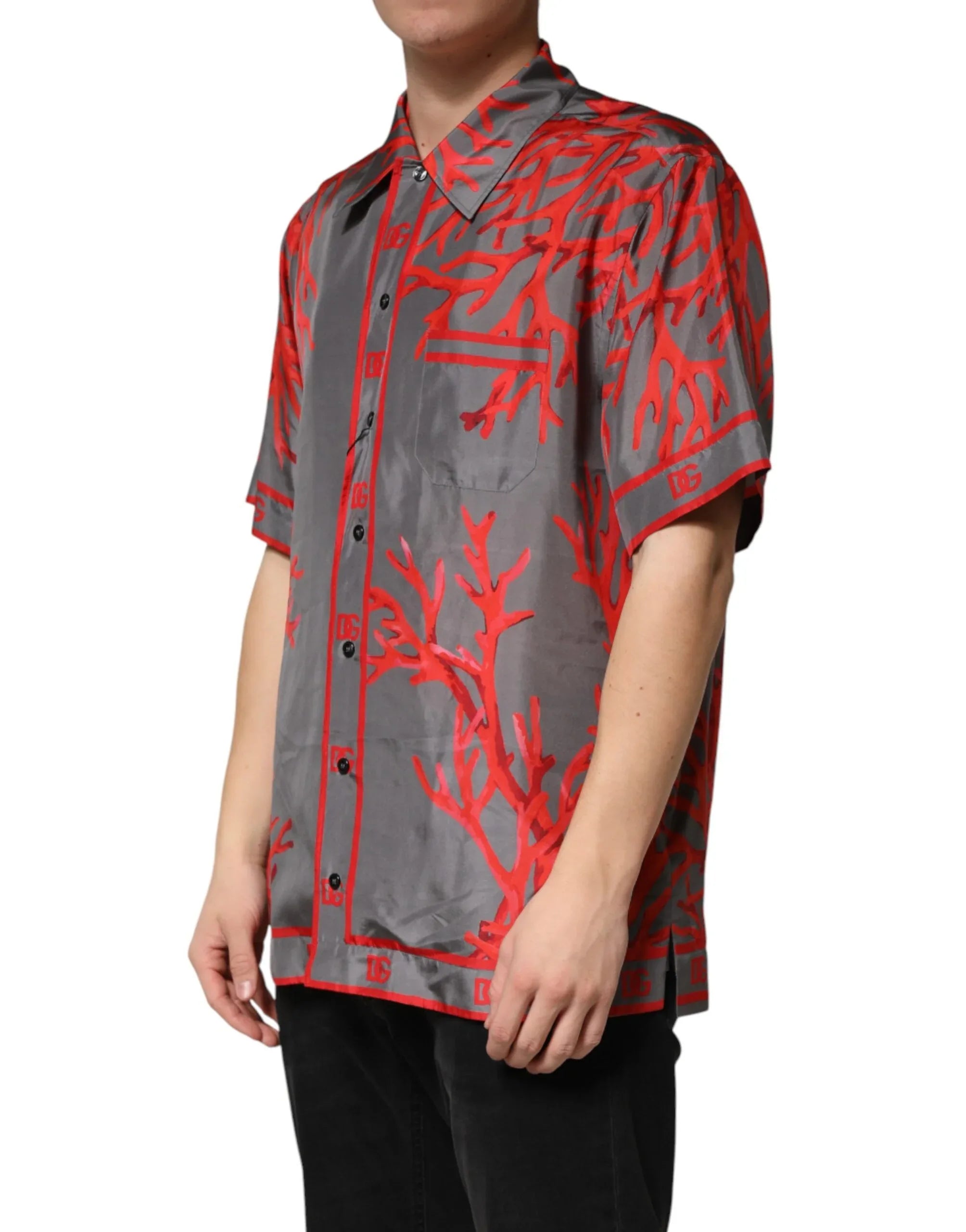Dolce & Gabbana Gray Red Corals Short Sleeves Casual Shirt - Zeiniez