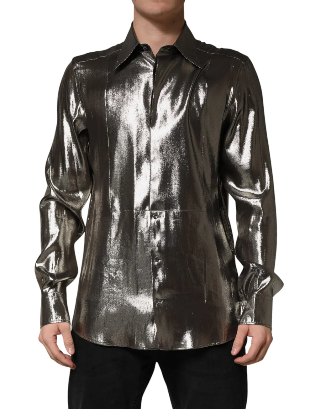 Dolce & Gabbana Silver Silk GOLD Collared Dress Formal Shirt - Zeiniez