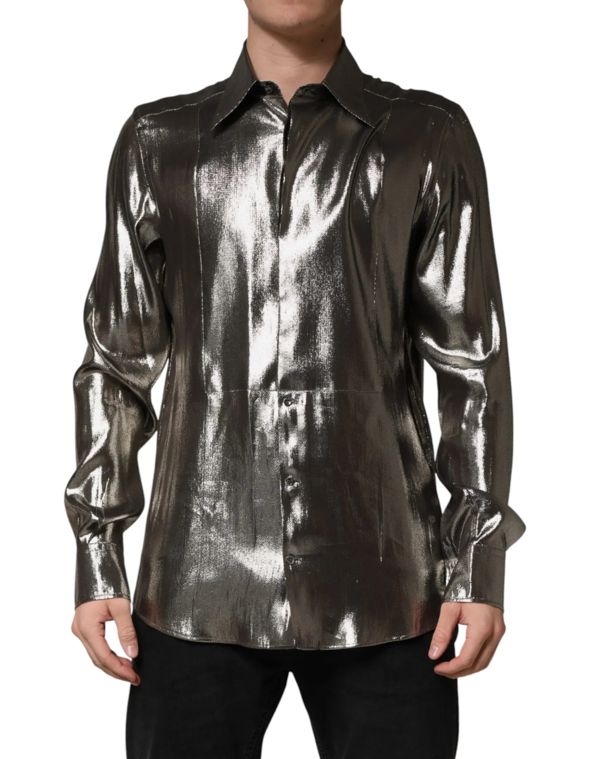 Dolce & Gabbana Silver Silk GOLD Collared Dress Formal Shirt - Zeiniez