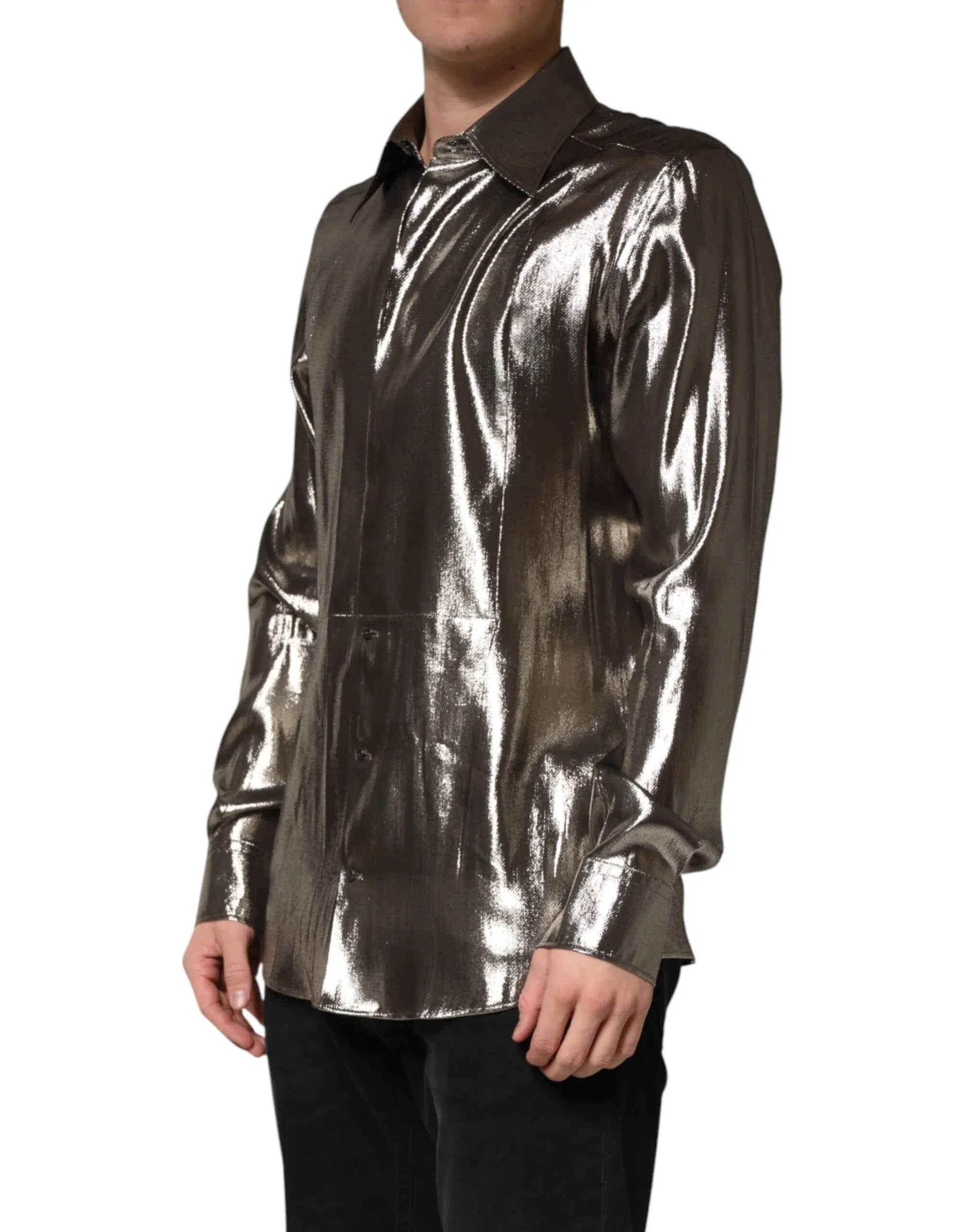 Dolce & Gabbana Silver Silk GOLD Collared Dress Formal Shirt - Zeiniez