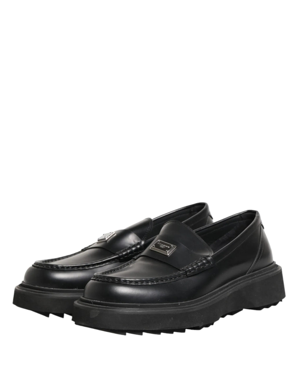Dolce & Gabbana Black Leather DG Plaque Loafers Dress Shoes - Zeiniez