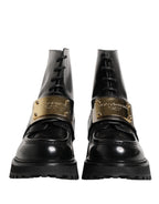 Dolce & Gabbana Black Leather DG Plaque Lace Up Boots Shoes