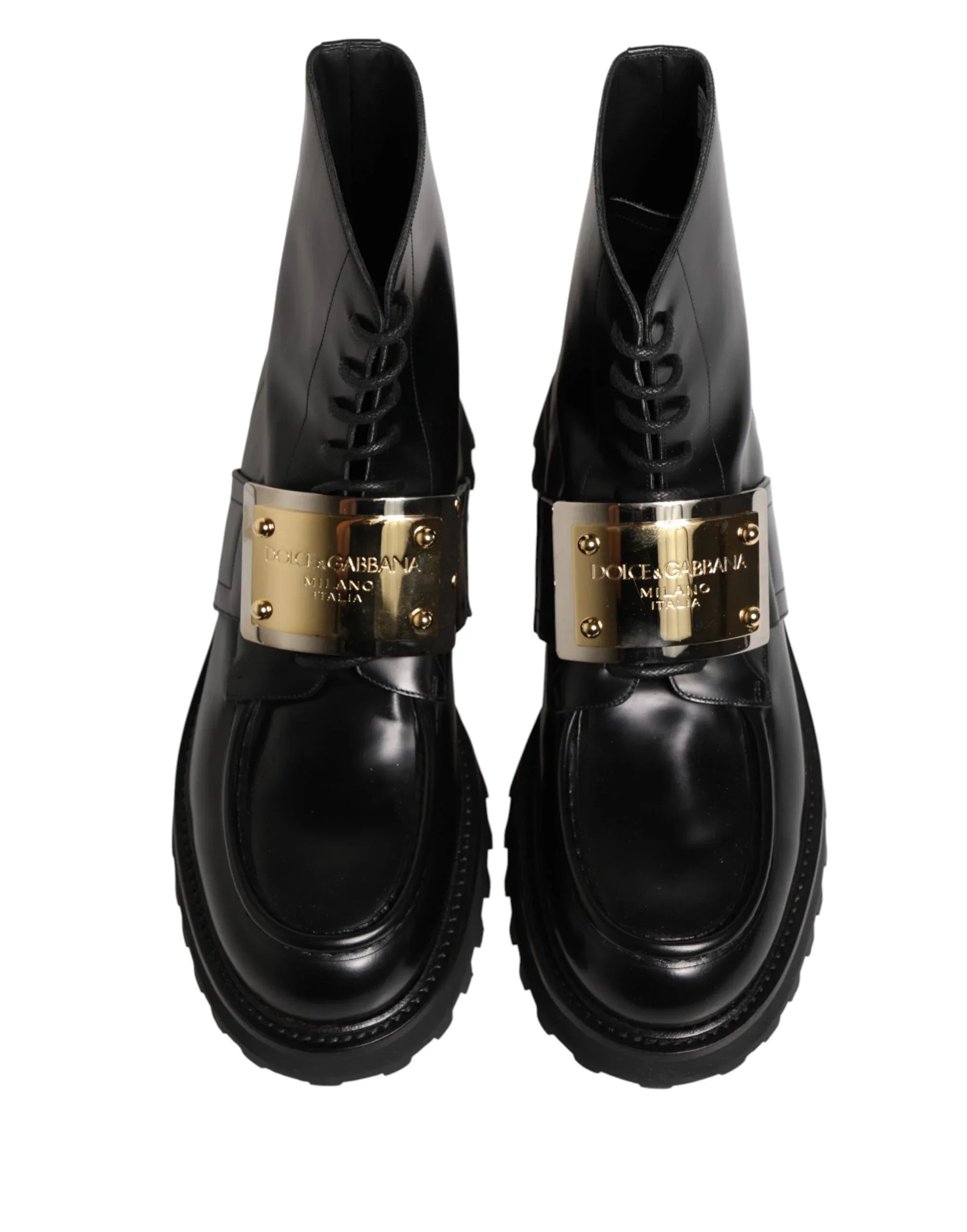 Dolce & Gabbana Black Leather DG Plaque Lace Up Boots Shoes - Zeiniez