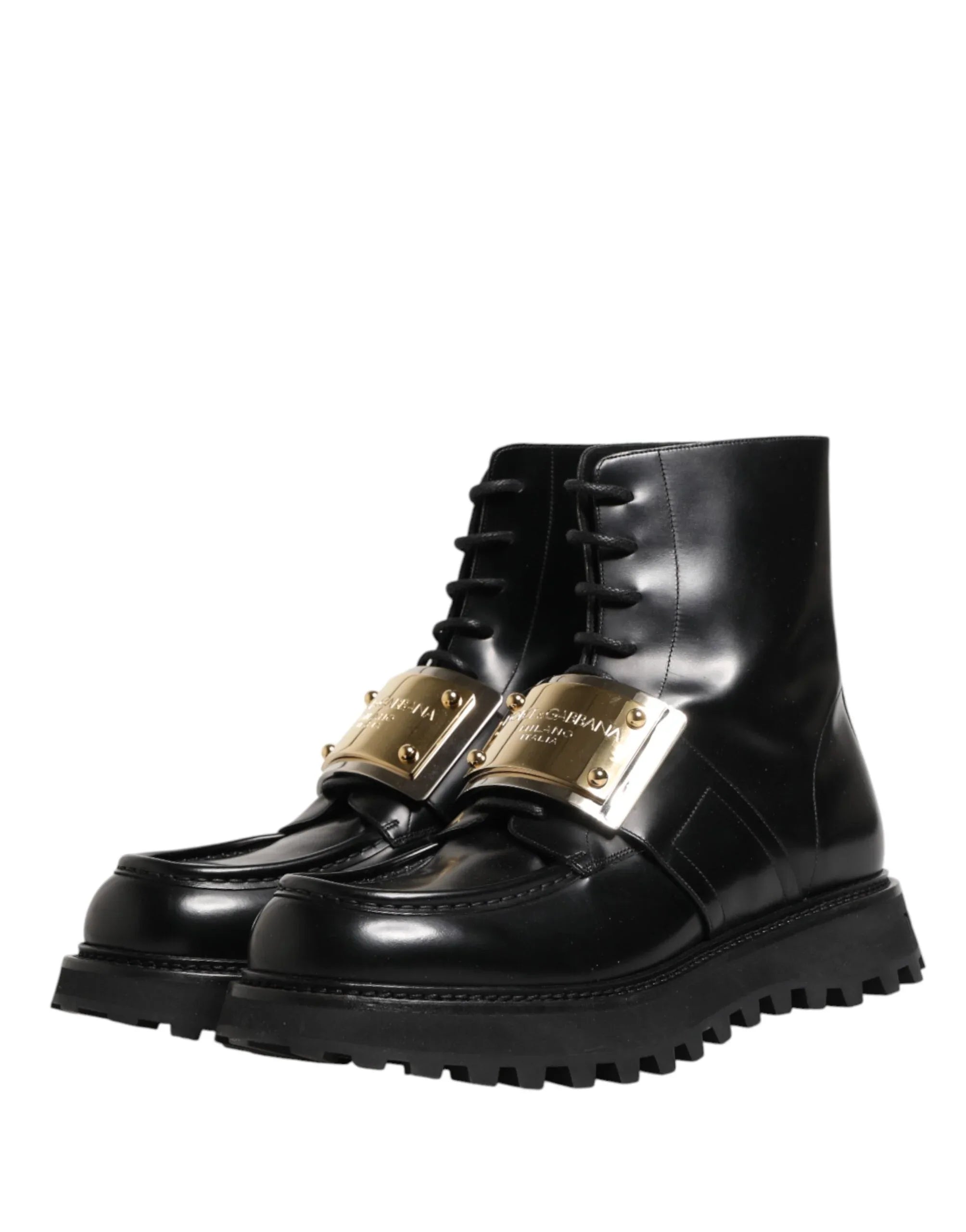 Dolce & Gabbana Black Leather DG Plaque Lace Up Boots Shoes - Zeiniez
