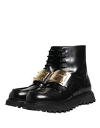 Dolce & Gabbana Black Leather DG Plaque Lace Up Boots Shoes