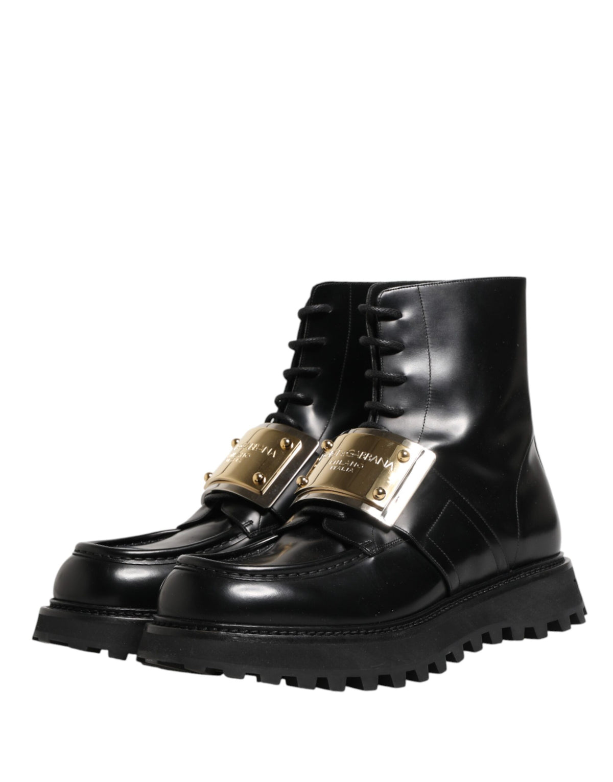 Dolce & Gabbana Black Leather DG Plaque Lace Up Boots Shoes