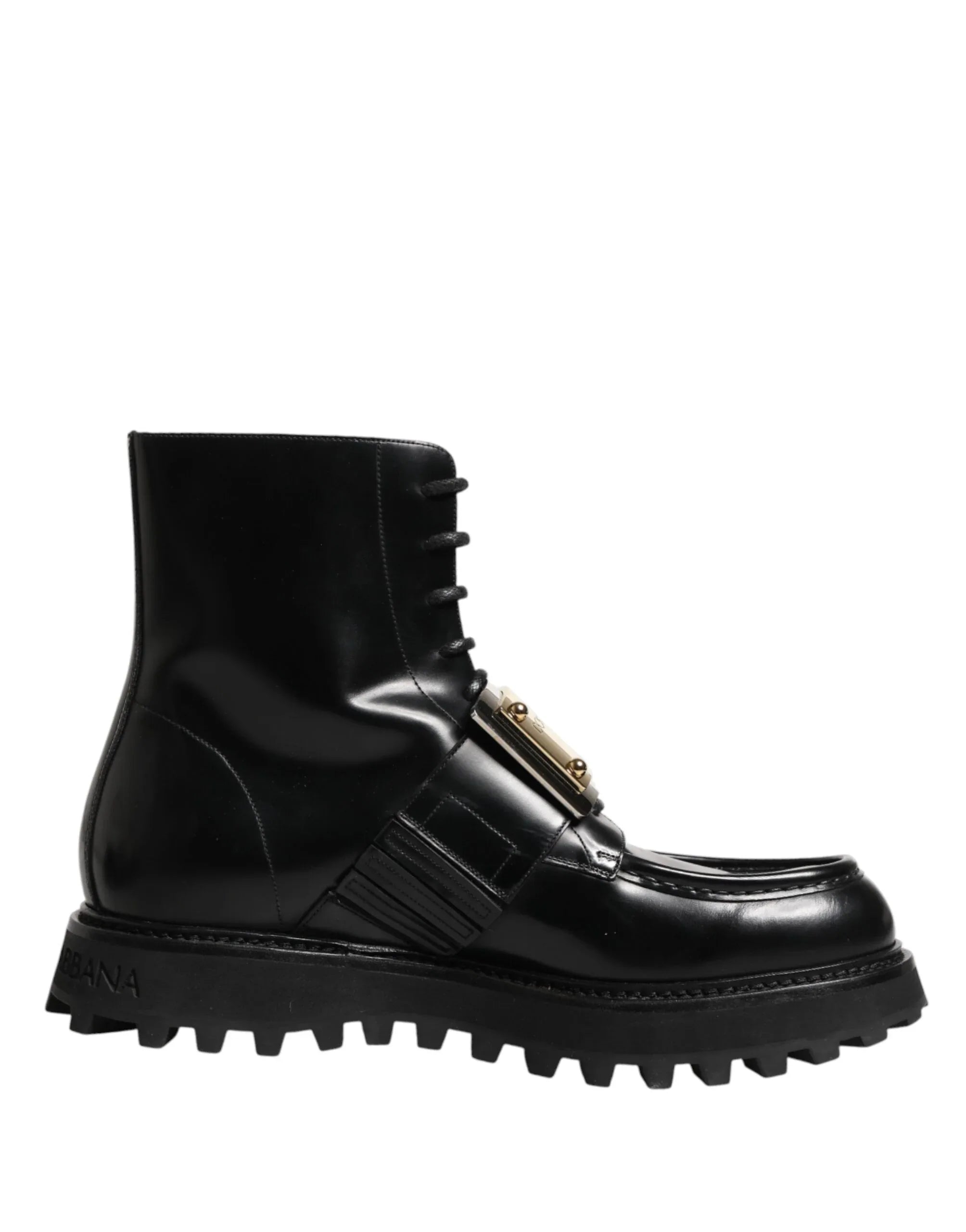 Dolce & Gabbana Black Leather DG Plaque Lace Up Boots Shoes - Zeiniez