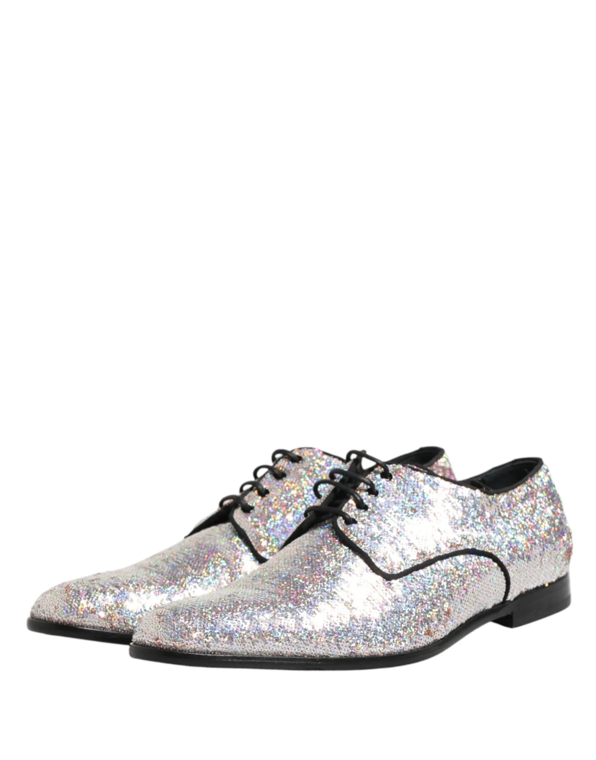 Dolce & Gabbana Silver Sequined Lace Up Men Derby Dress Shoes - Zeiniez