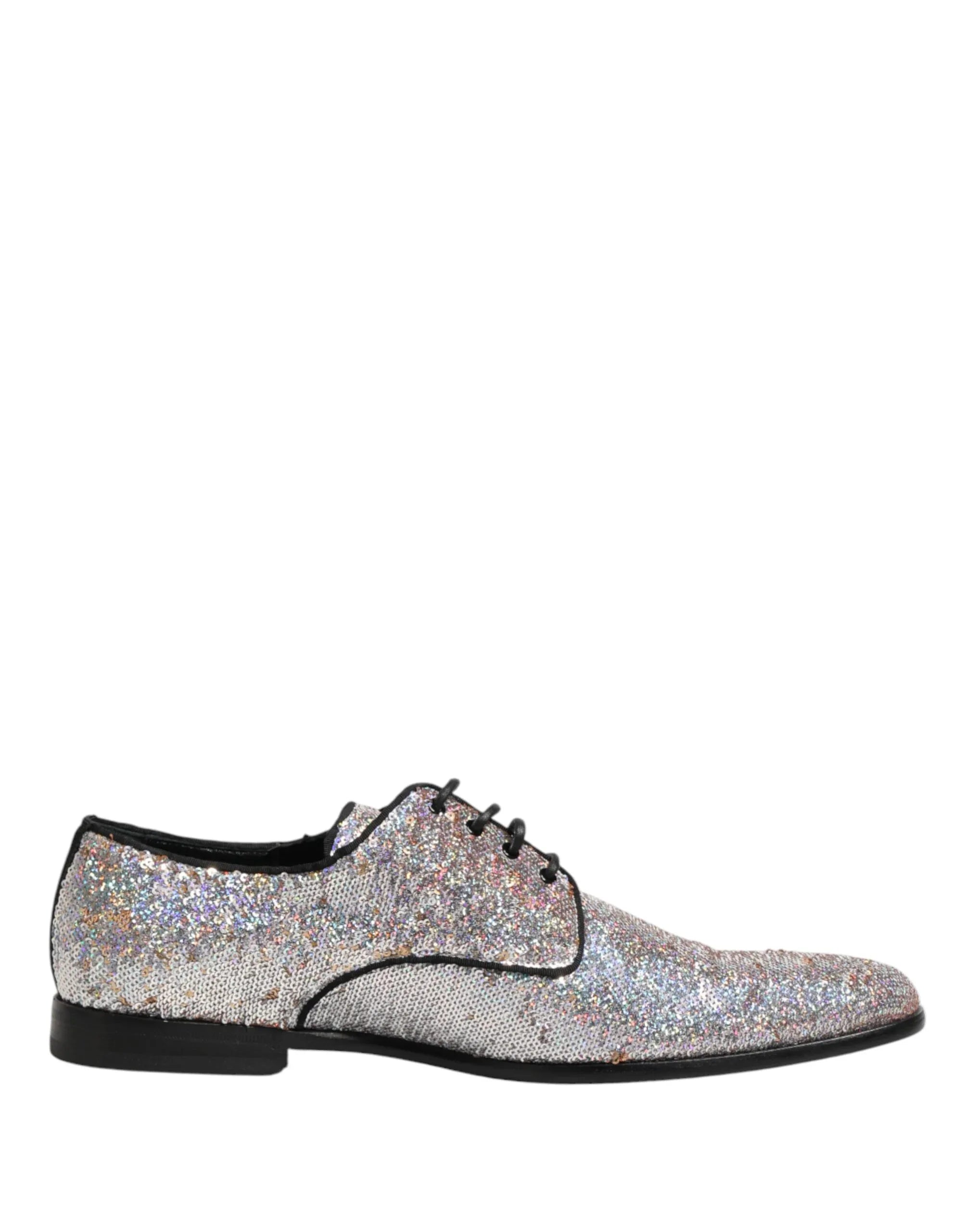 Dolce & Gabbana Silver Sequined Lace Up Men Derby Dress Shoes - Zeiniez