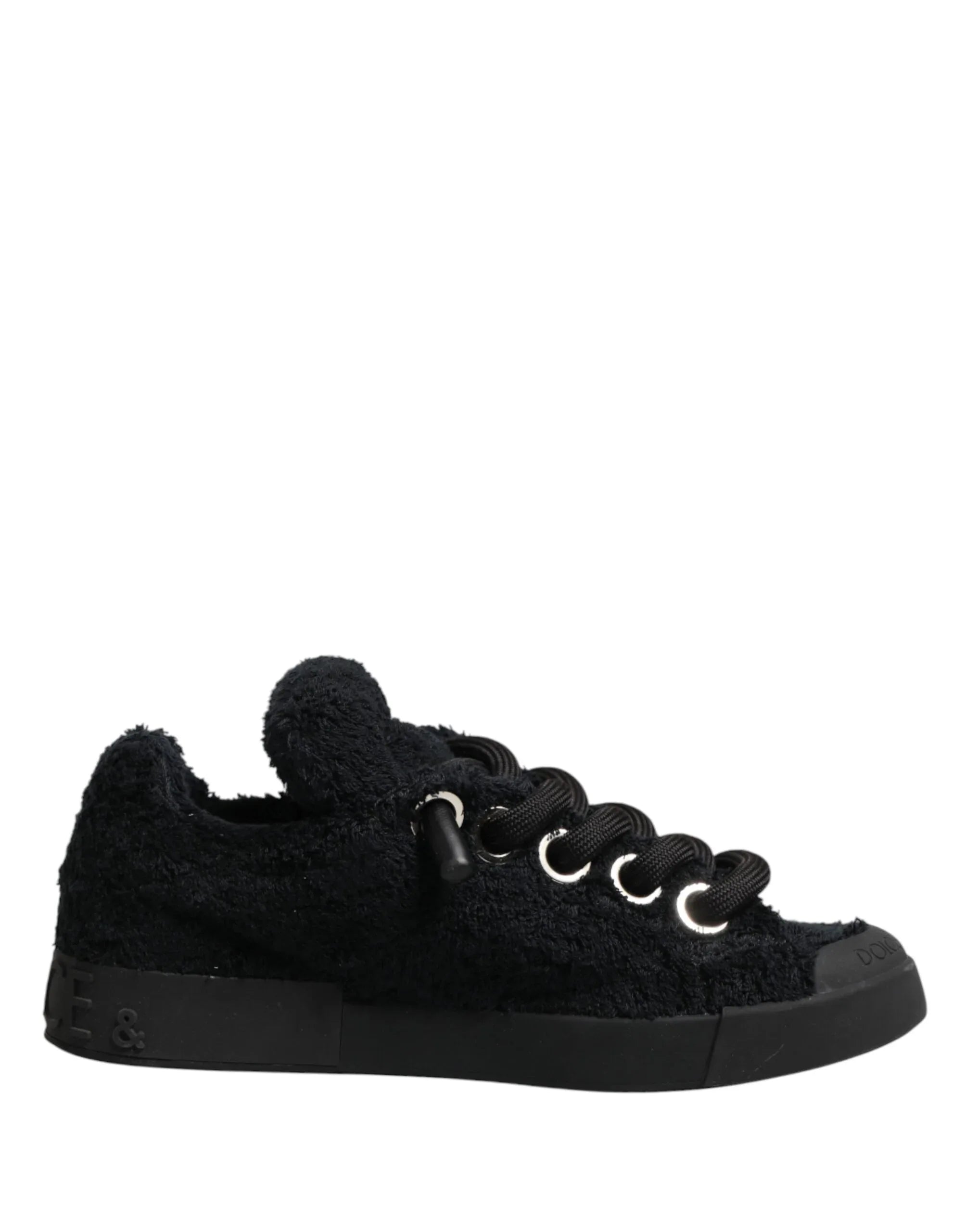 Dolce & Gabbana Black Faux Shearling Low Top Sneakers Shoes - Zeiniez