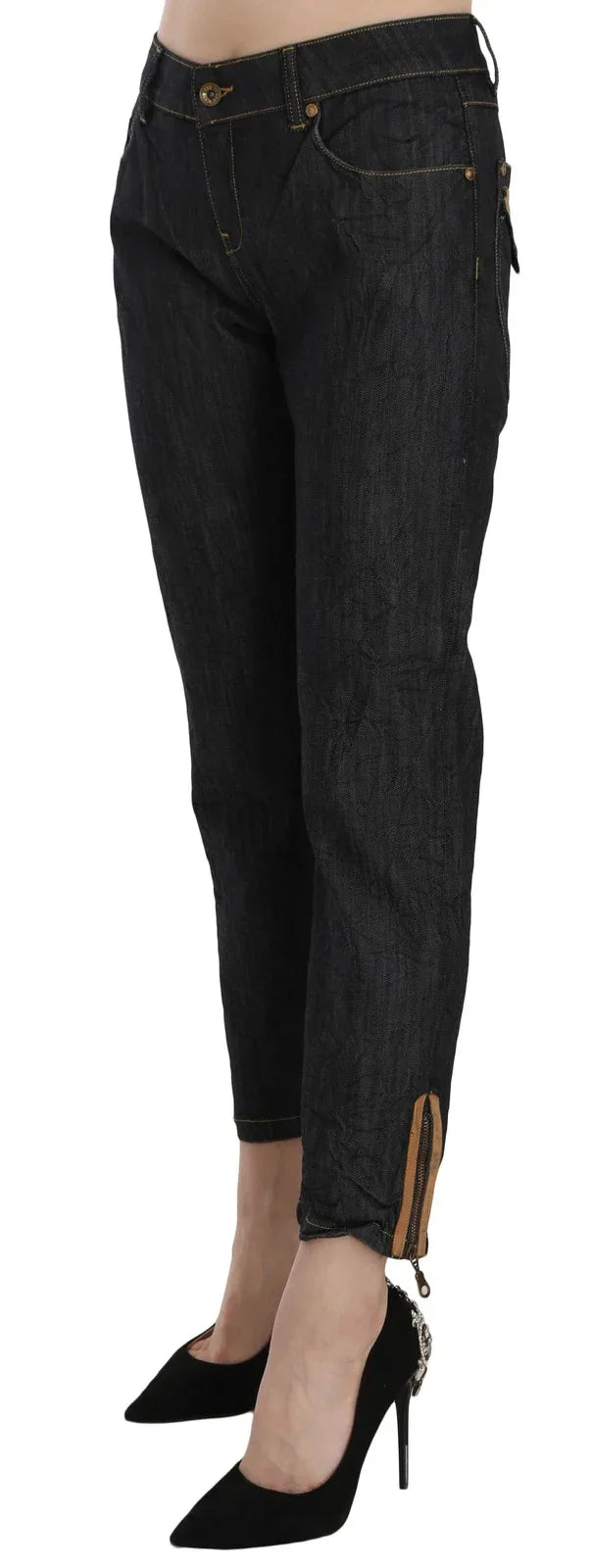 PLEIN SUD Cotton Blue High Waist Straight Cropped Trouser Jeans - Zeiniez