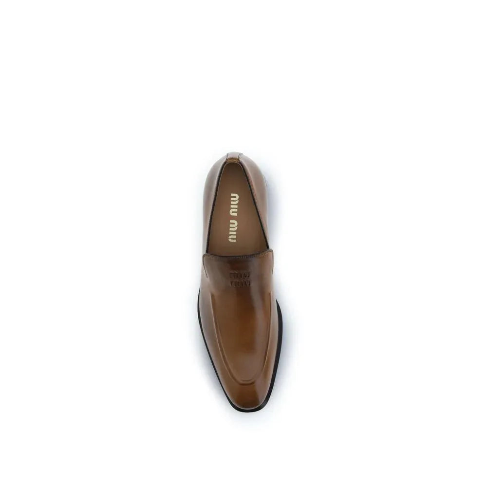 Miu Miu Brown Calf Leather Bos Taurus Slip-On Loafers - Zeiniez