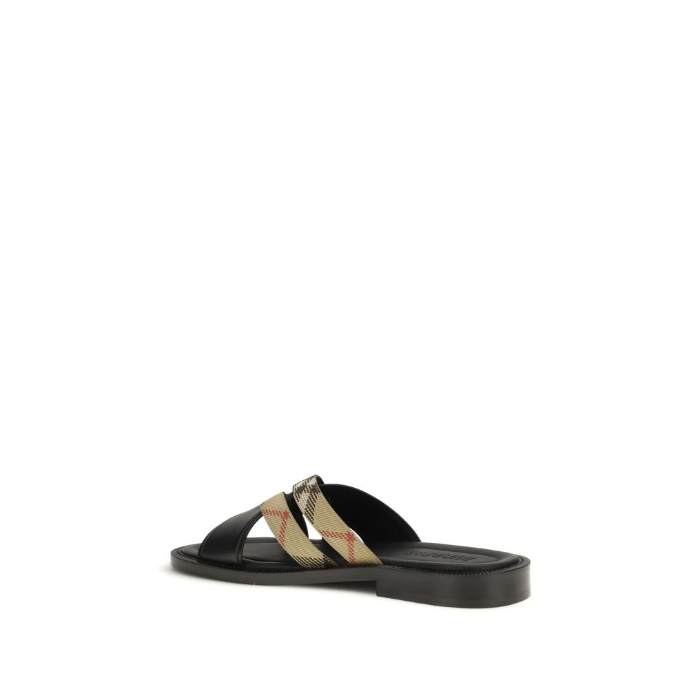 Burberry Black Calf Leather Bos Taurus Flat Sandals Burberry