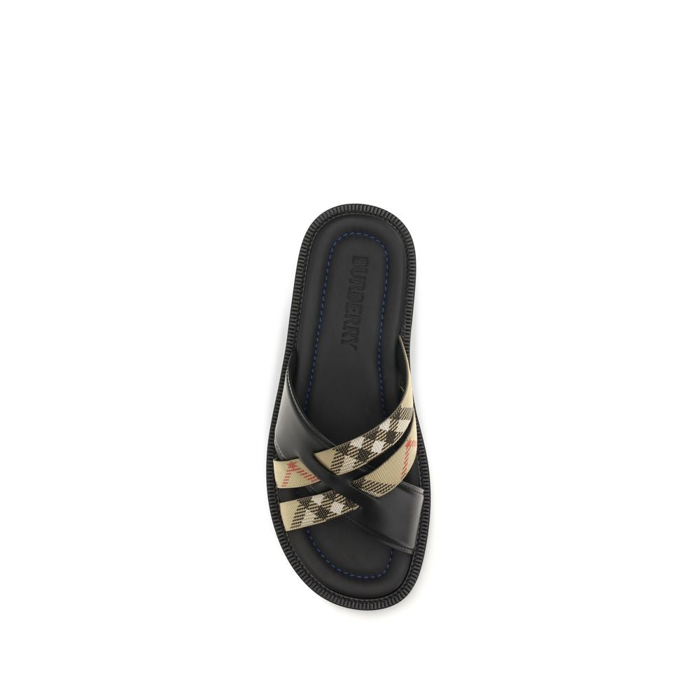 Burberry Black Calf Leather Bos Taurus Flat Sandals Burberry