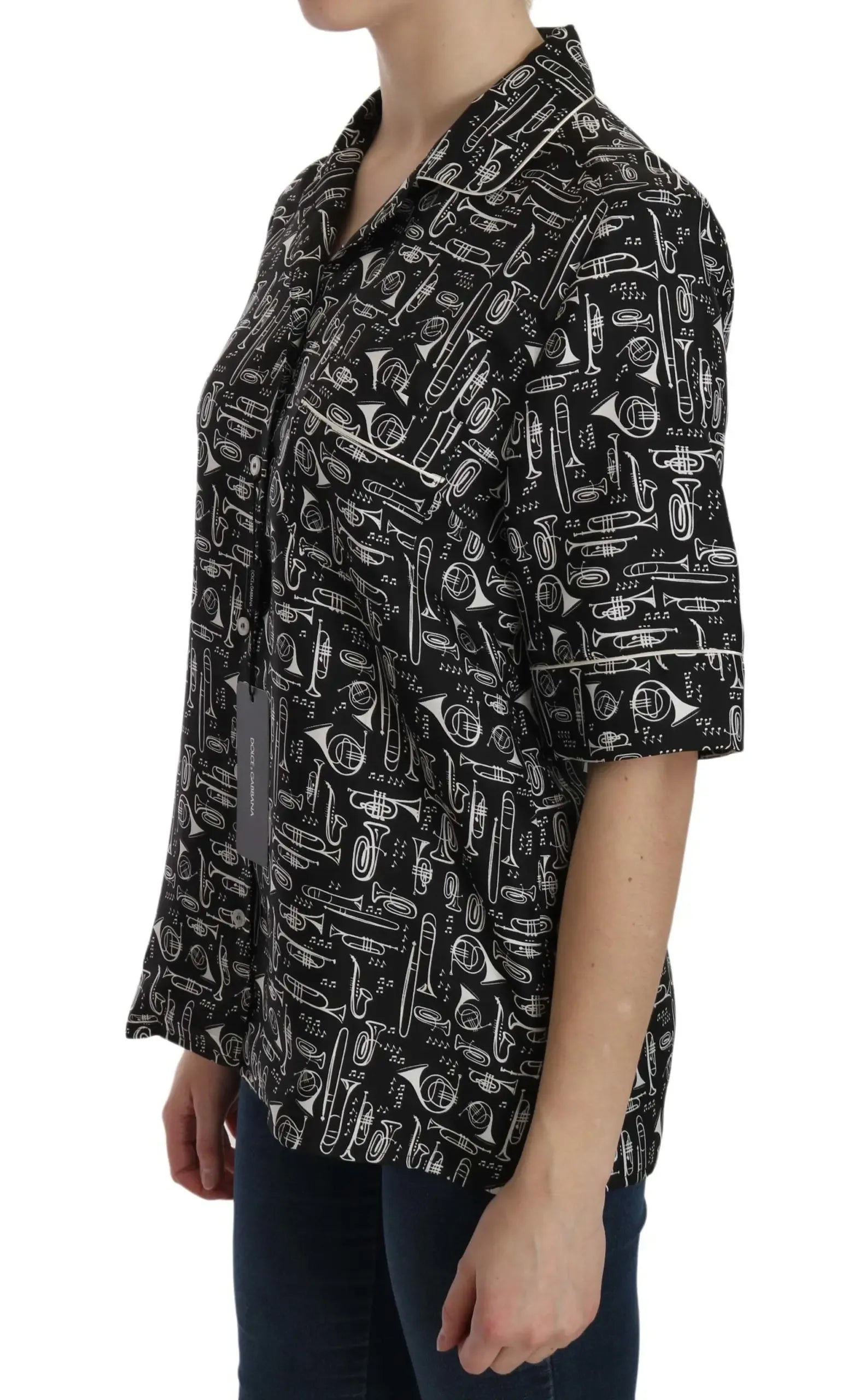 Dolce & Gabbana Black Musical Instrument Print Silk Top - Zeiniez