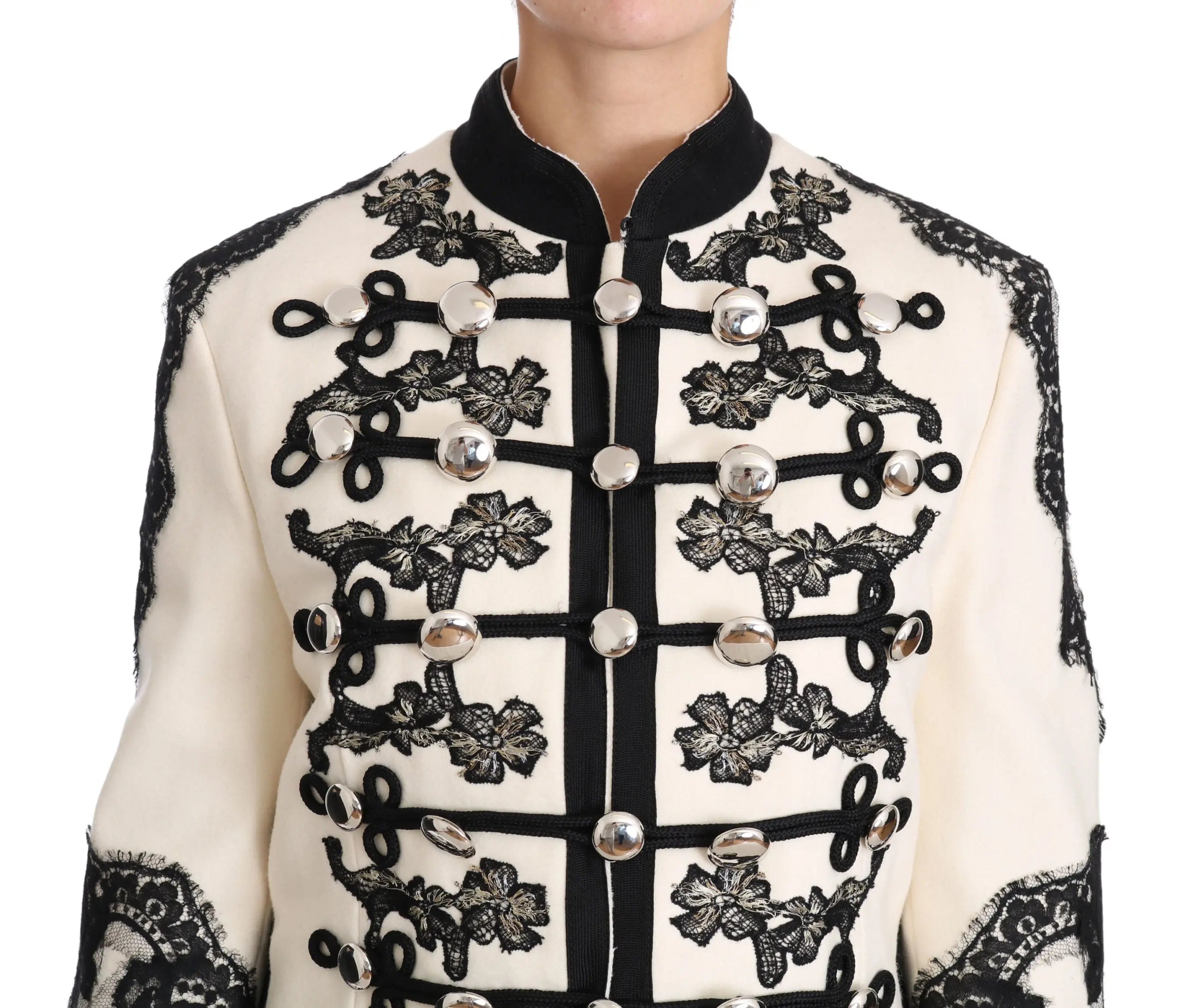 Dolce & Gabbana White Wool Black Floral Baroque Jacket - Zeiniez