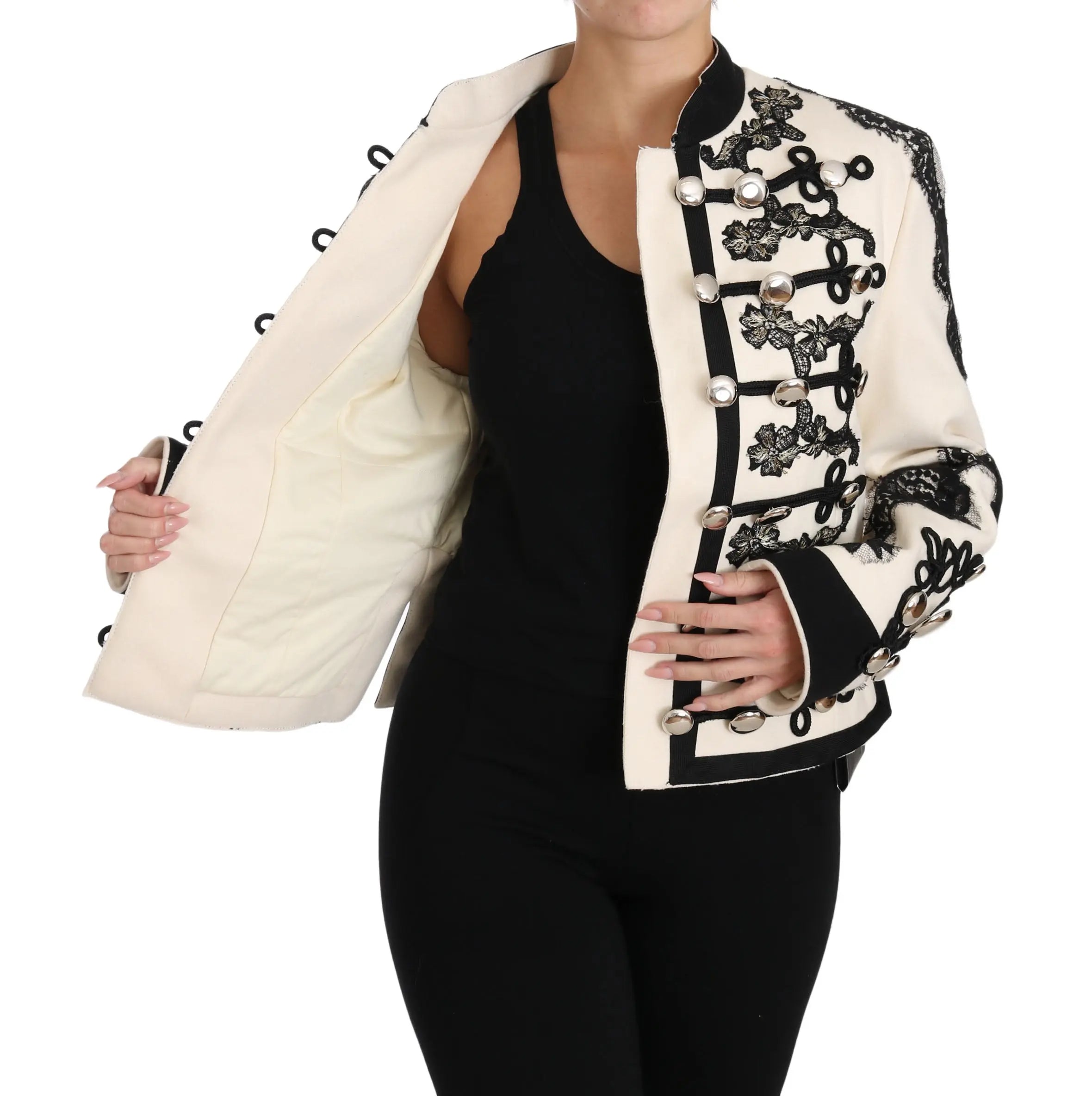 Dolce & Gabbana White Wool Black Floral Baroque Jacket - Zeiniez