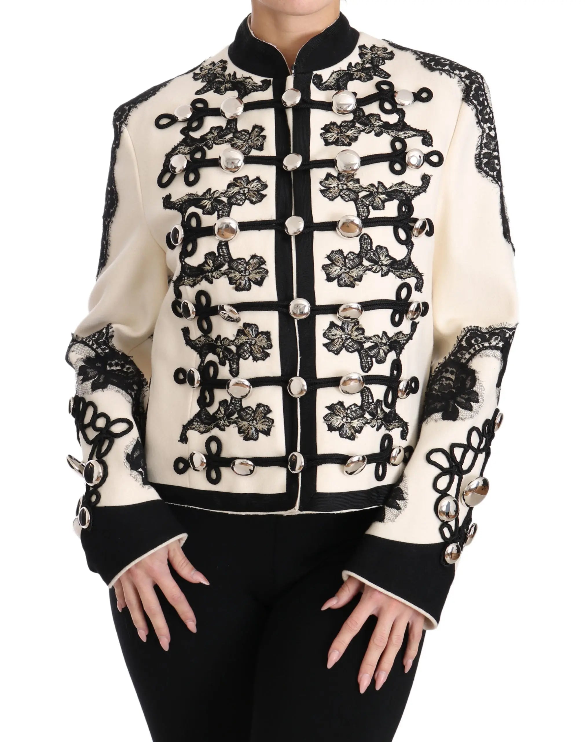 Dolce & Gabbana White Wool Black Floral Baroque Jacket - Zeiniez