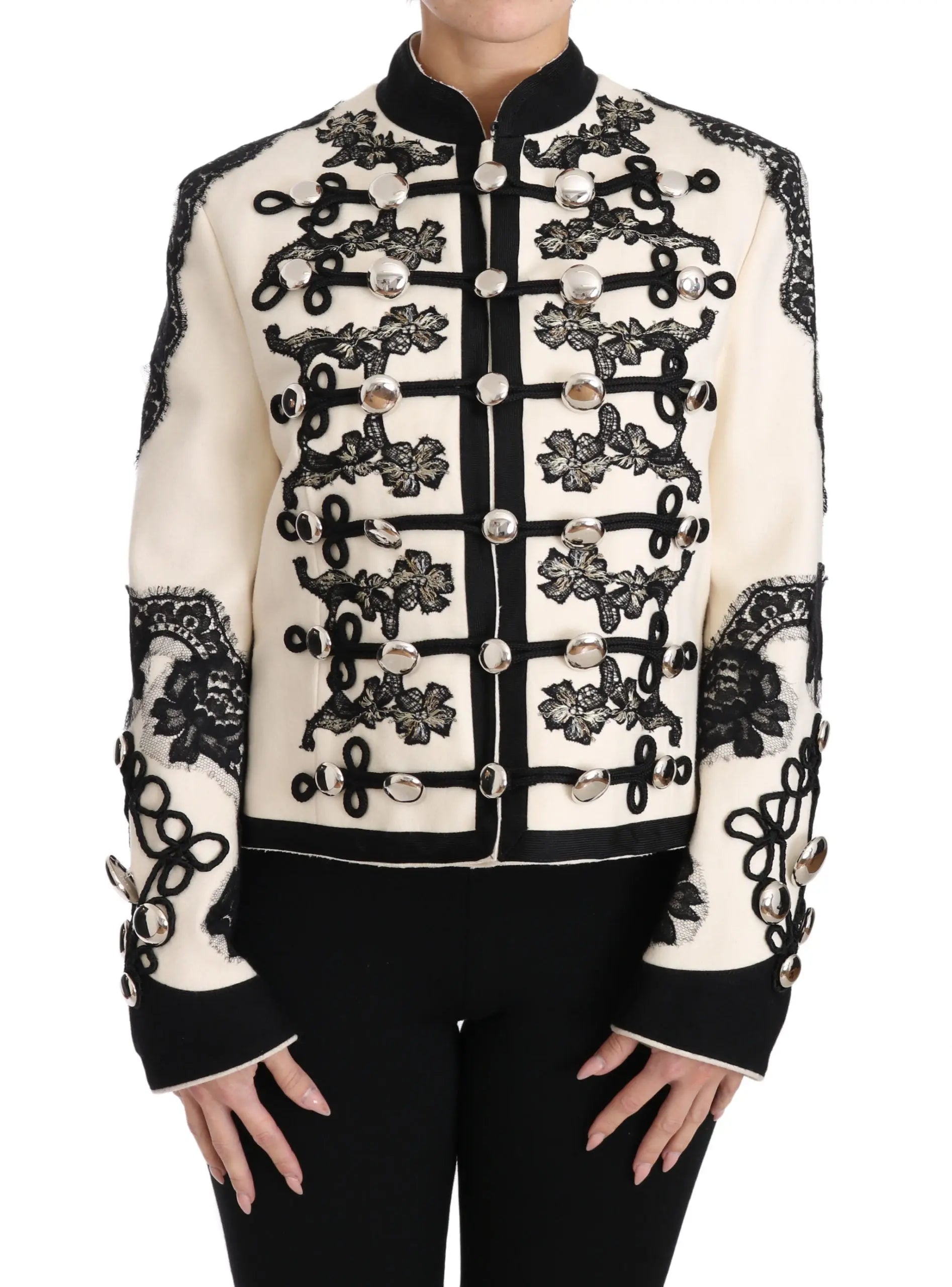 Dolce & Gabbana White Wool Black Floral Baroque Jacket - Zeiniez