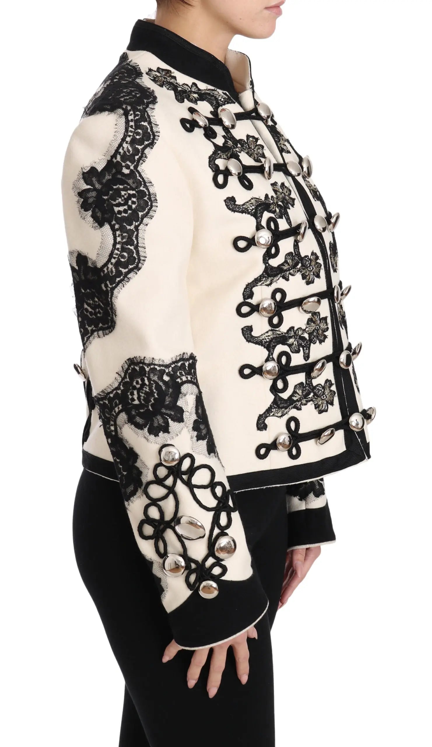 Dolce & Gabbana White Wool Black Floral Baroque Jacket - Zeiniez