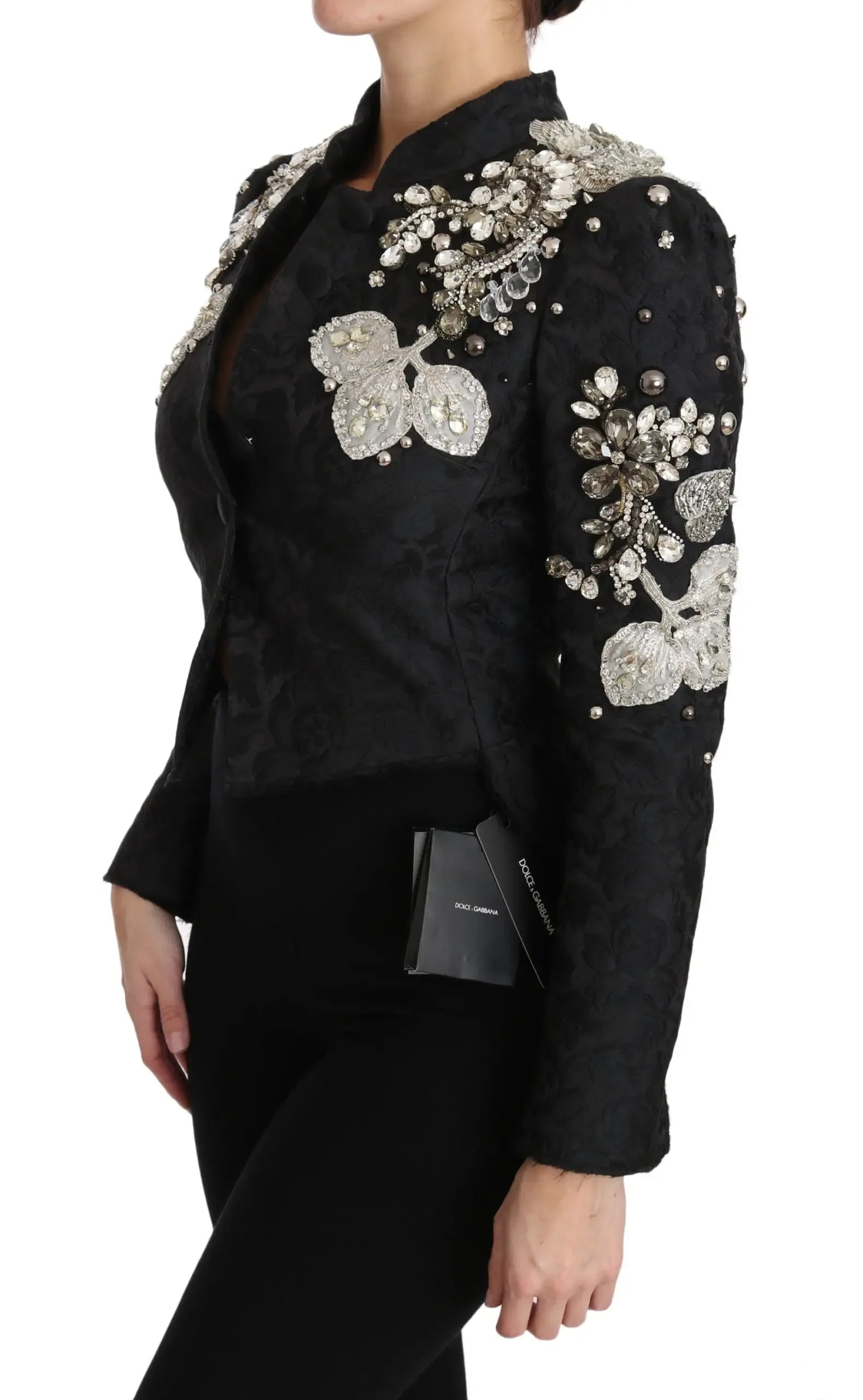 Dolce & Gabbana Black Jacquard Crystal Floral Jacket - Zeiniez