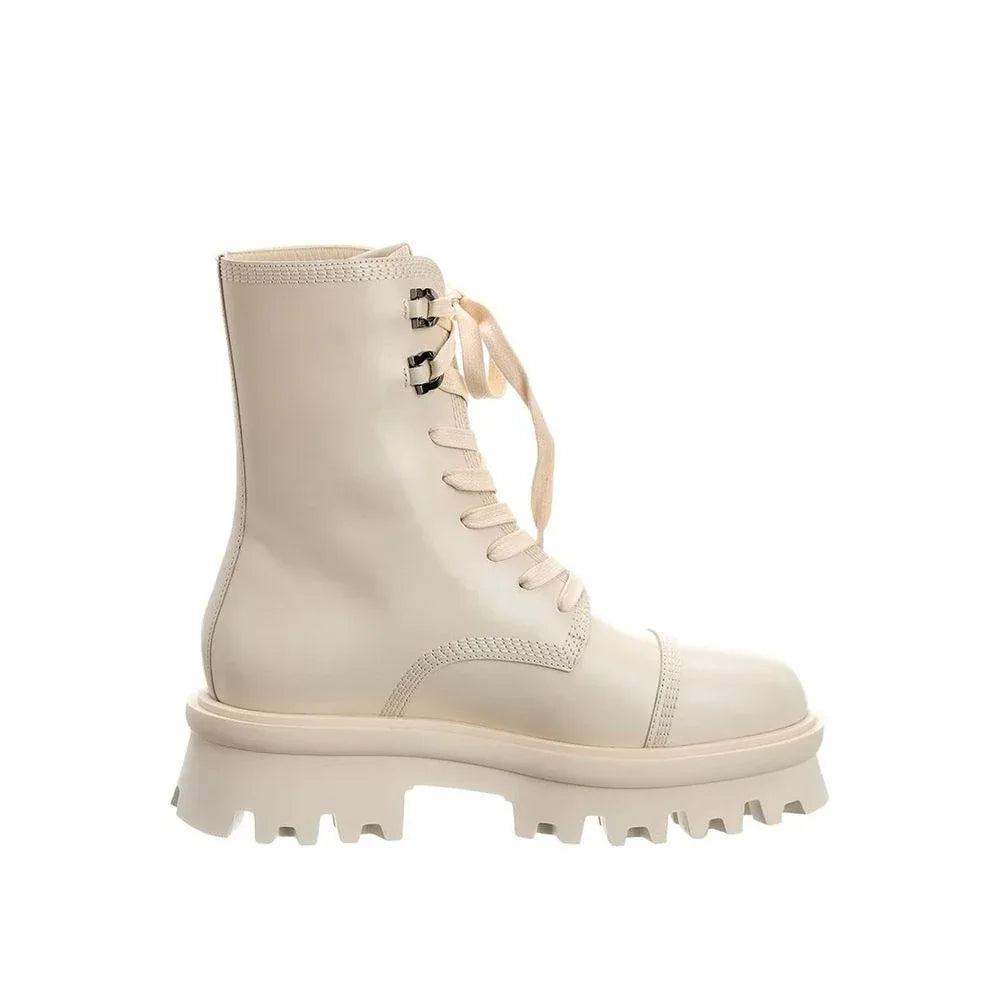 Salvatore Ferragamo White Calfskin Lace-Up Boots - Zeiniez