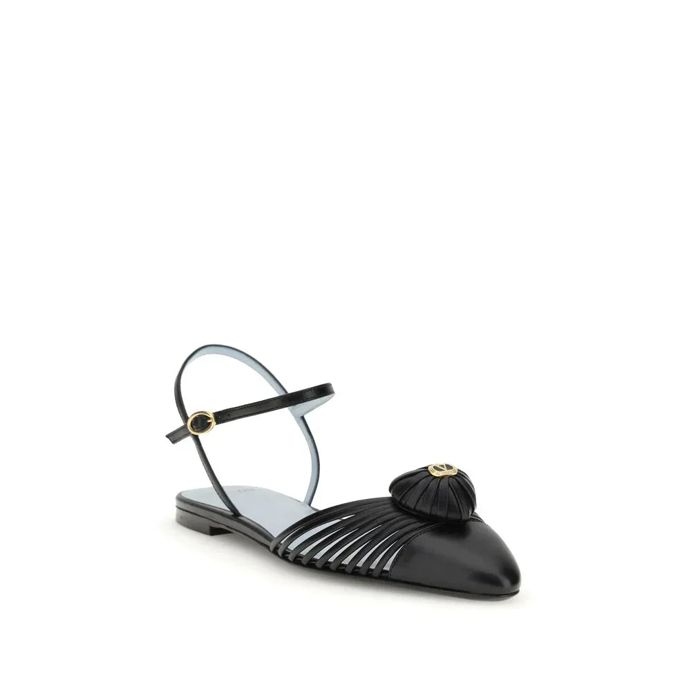 Valentino Garavani Black Calf Leather Bos Taurus Ballet Flats - Zeiniez