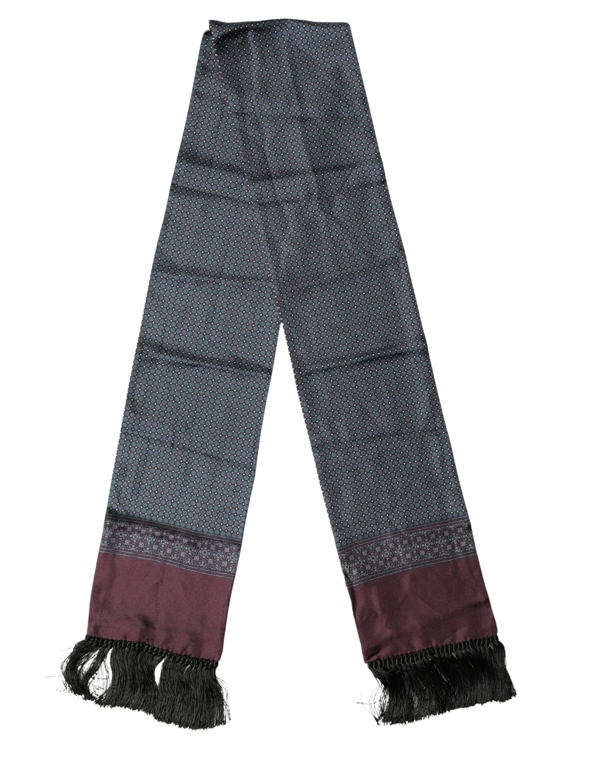 Dolce & Gabbana Bordeaux Silk Fringe Geometric Neck Wrap 142cm X 15cm Scarf - Zeiniez