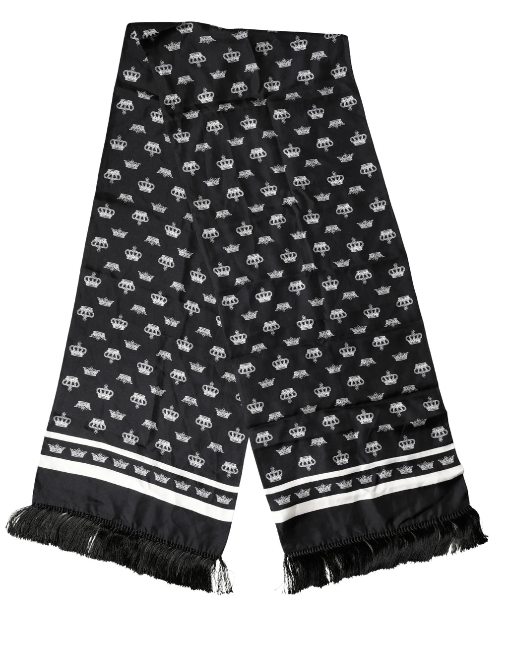 Dolce & Gabbana Black Silk Crown Fringe Neck Wrap 173cm x 32.5cm Scarf - Zeiniez