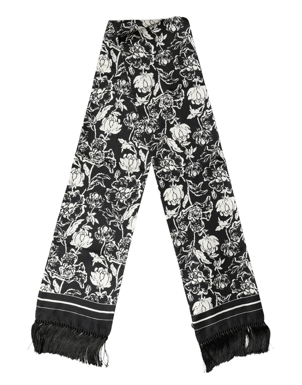 Dolce & Gabbana Black White Silk Floral Print Fringe 136cm X 15.5cm Scarf - Zeiniez