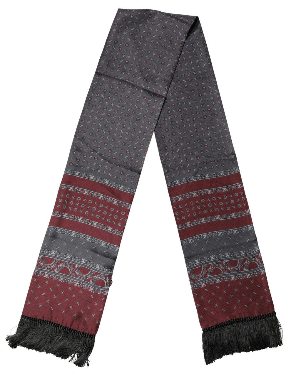 Dolce & Gabbana Burgundy Gray Patterned Fringe Foulard 141cm X 15.5cm Scarf - Zeiniez