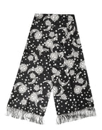 Dolce & Gabbana Black Silk Sun Moon Star Fringe Foulard 178cm X 33cm Scarf - Zeiniez