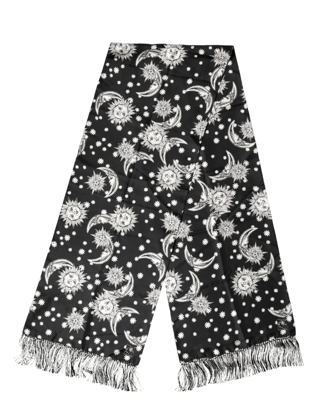 Dolce & Gabbana Black Silk Sun Moon Star Fringe Foulard 178cm X 33cm Scarf - Zeiniez
