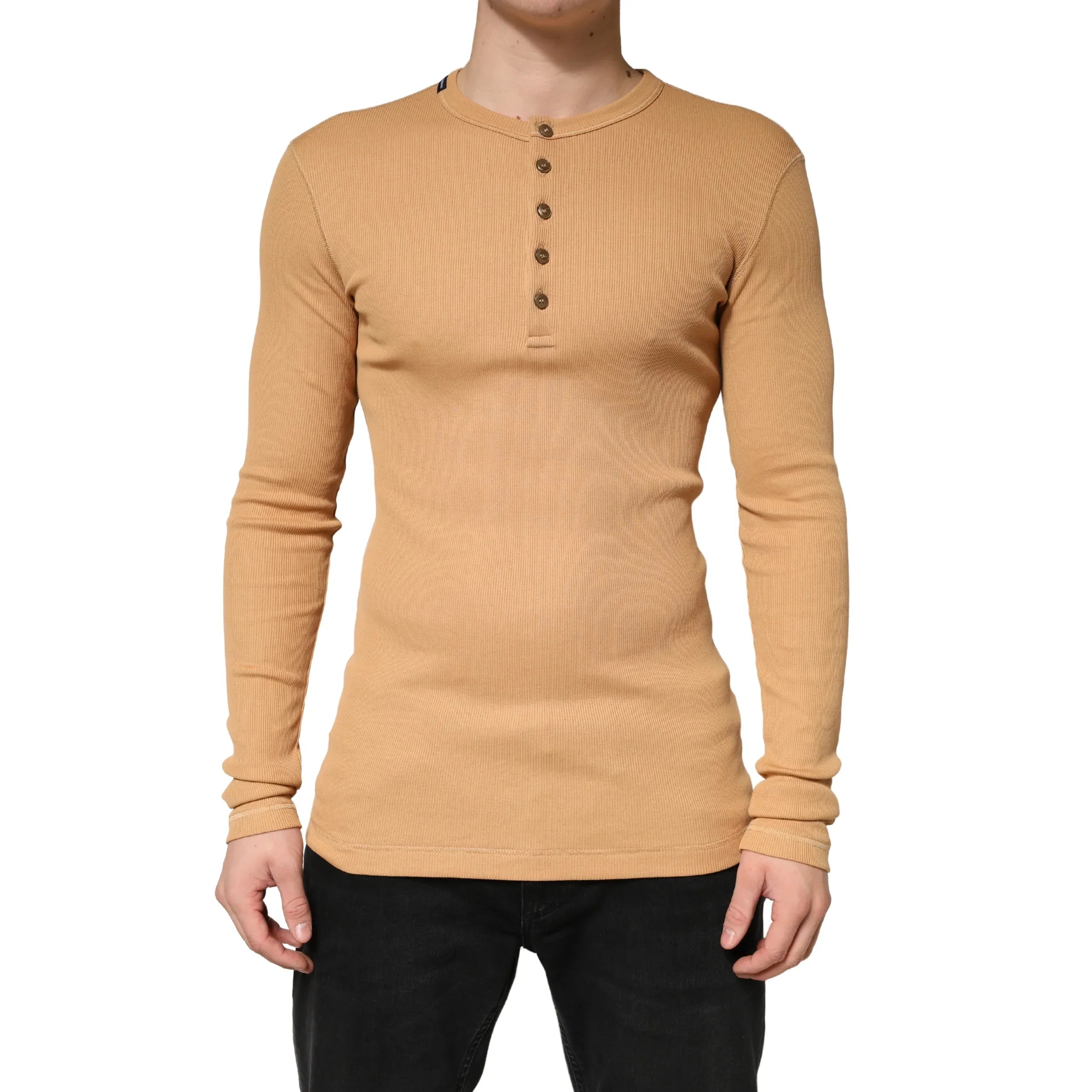 Dolce & Gabbana Camel Ribbed Cotton Long Sleeve Henley Sweater - Zeiniez