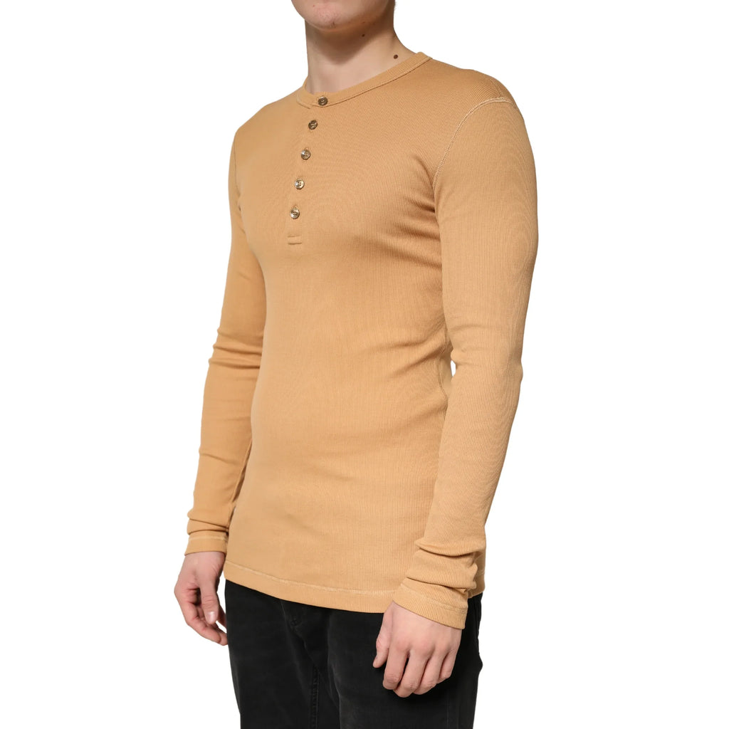 Dolce & Gabbana Camel Ribbed Cotton Long Sleeve Henley Sweater - Zeiniez