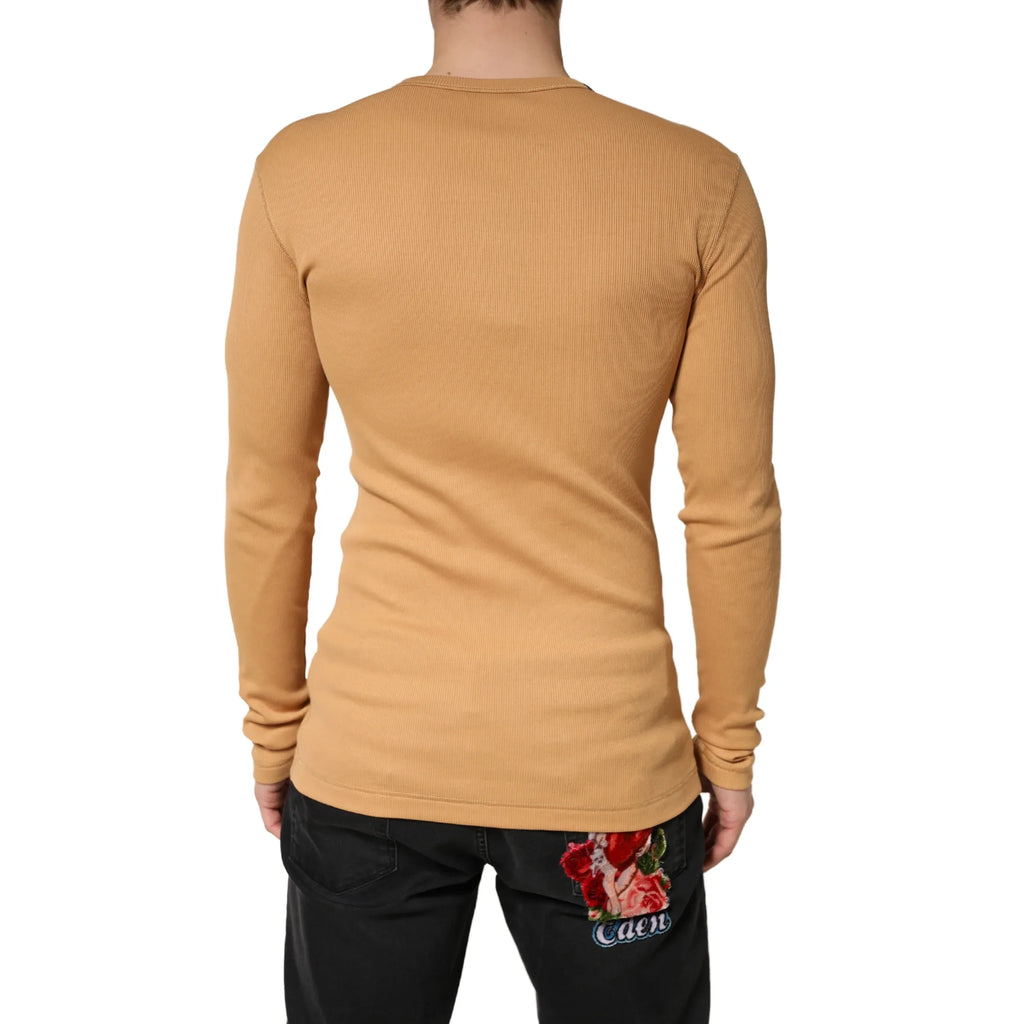 Dolce & Gabbana Camel Ribbed Cotton Long Sleeve Henley Sweater - Zeiniez